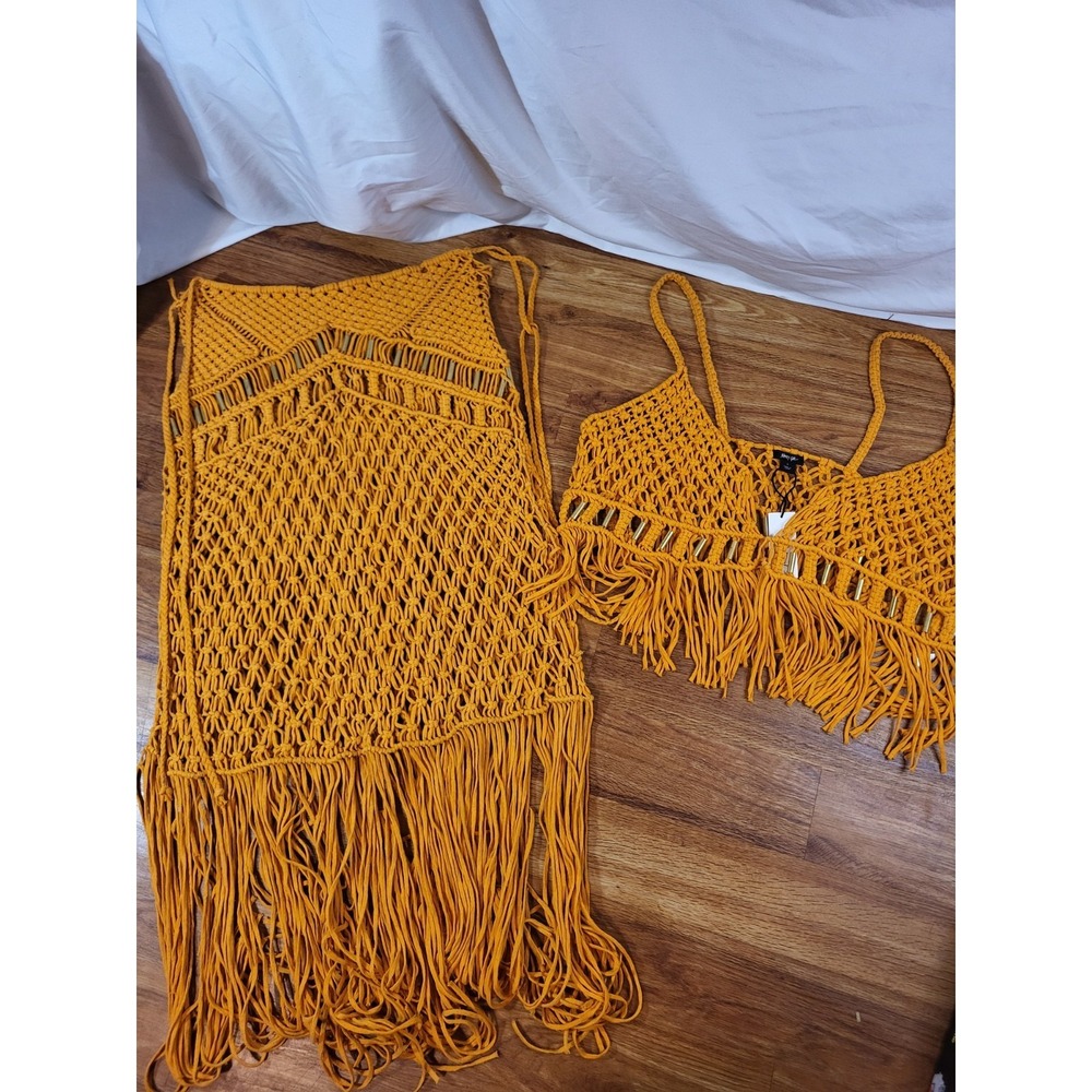 NWT Nasty Girl Macrame Gold Trim Tassel Bralet & Maxi Skirt Set  Large Orange